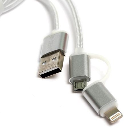 Кабель синхронизации данных PowerPlant USB 2.0-MicroUSB-Lightning 1m Silver (KD00AS1290) - Фото 1