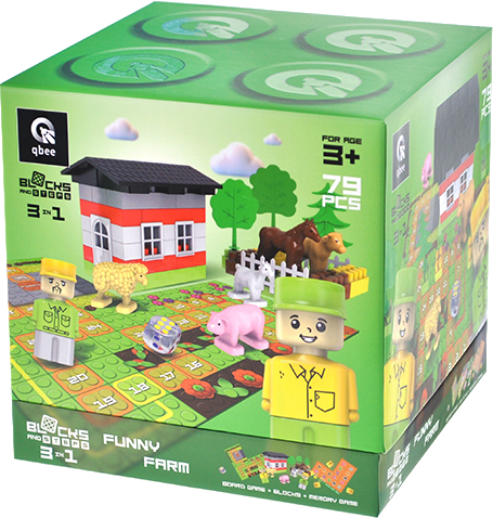 Пластиковый конструктор qbee Block&Steps: Веселая Ферма + ходилка и мемори игра 3в1, 79дет. (QB300-005) - Фото 1