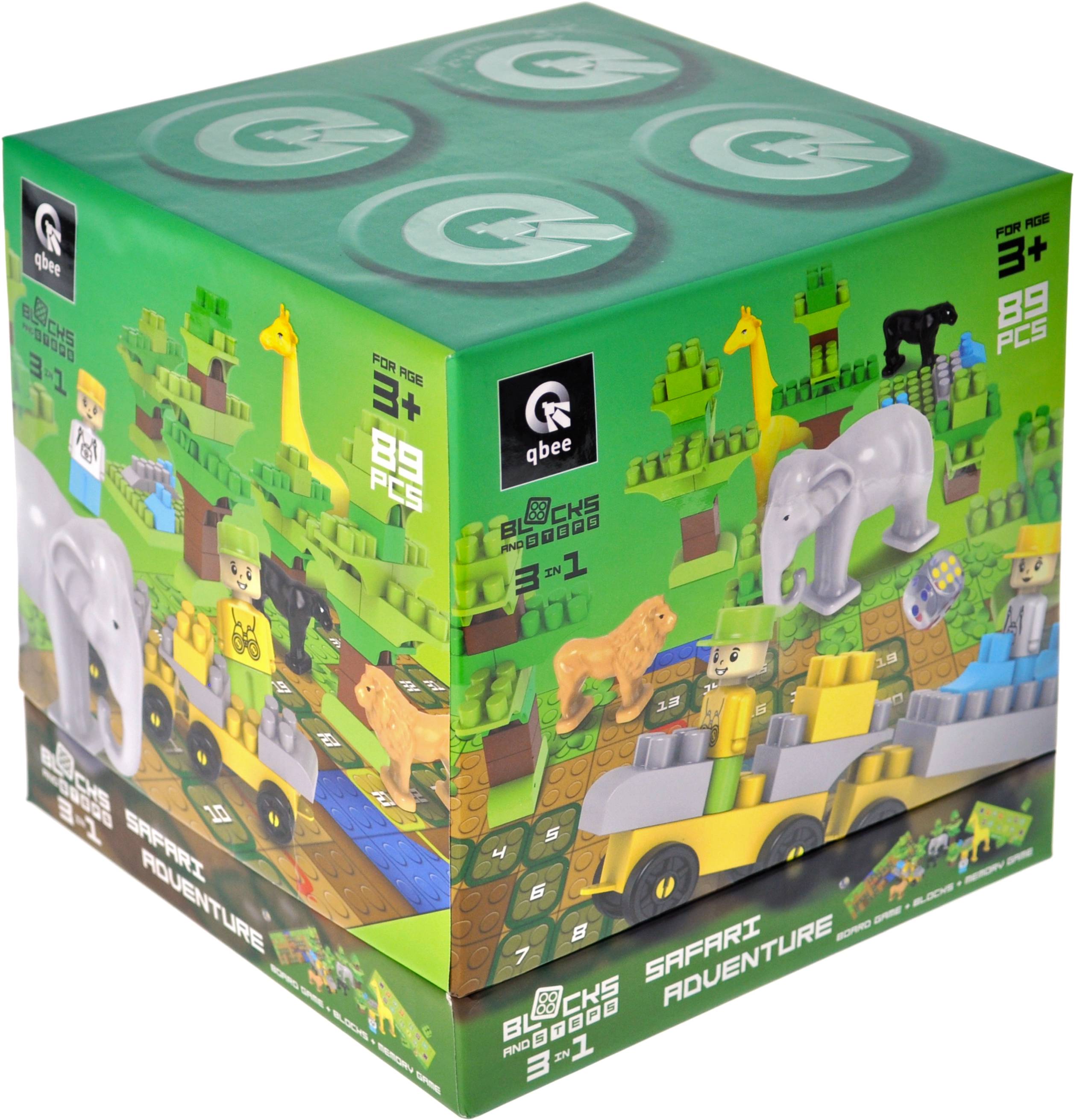 Пластиковый конструктор qbee Block&Steps: Приключения в Сафари + ходилка и мемори игра 3в1, 89дет. (QB300-006) - Фото 1