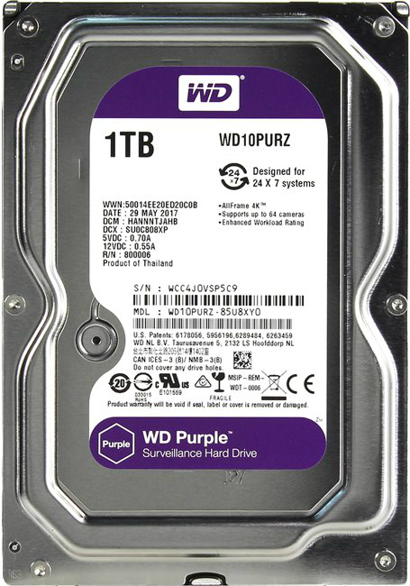 Жесткий диск внутренний Western Digital Purple 1TB 64MB 5400rpm 3.5 SATA III (WD10PURZ) - Фото 1