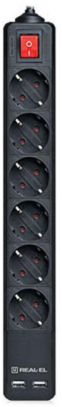 Сетевой фильтр REAL-EL RS-6 Protect USB 3m Black - Фото 1