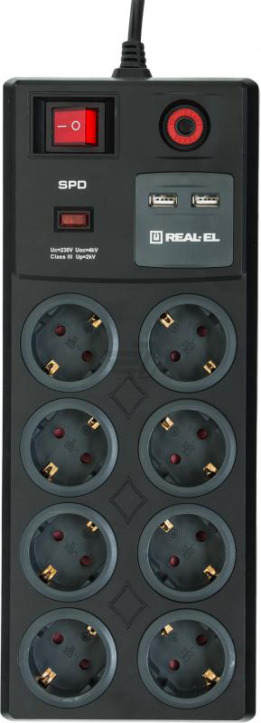 Сетевой фильтр REAL-EL RS-8F CHARGE (8 роз, 2 USB, 3 м) 16А - Фото 1