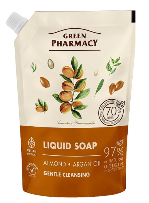 Рідке мило для рук Green Pharmacy 460 мл дой-пак мигдаль та арганова олія EN (4823015945793) - Фото 1