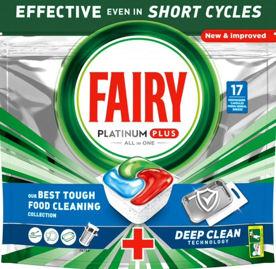 Таблетка для посудомоечной машины Fairy Platinum Плюс Все в Одном Свежий травяной бриз 17шт - Фото 1