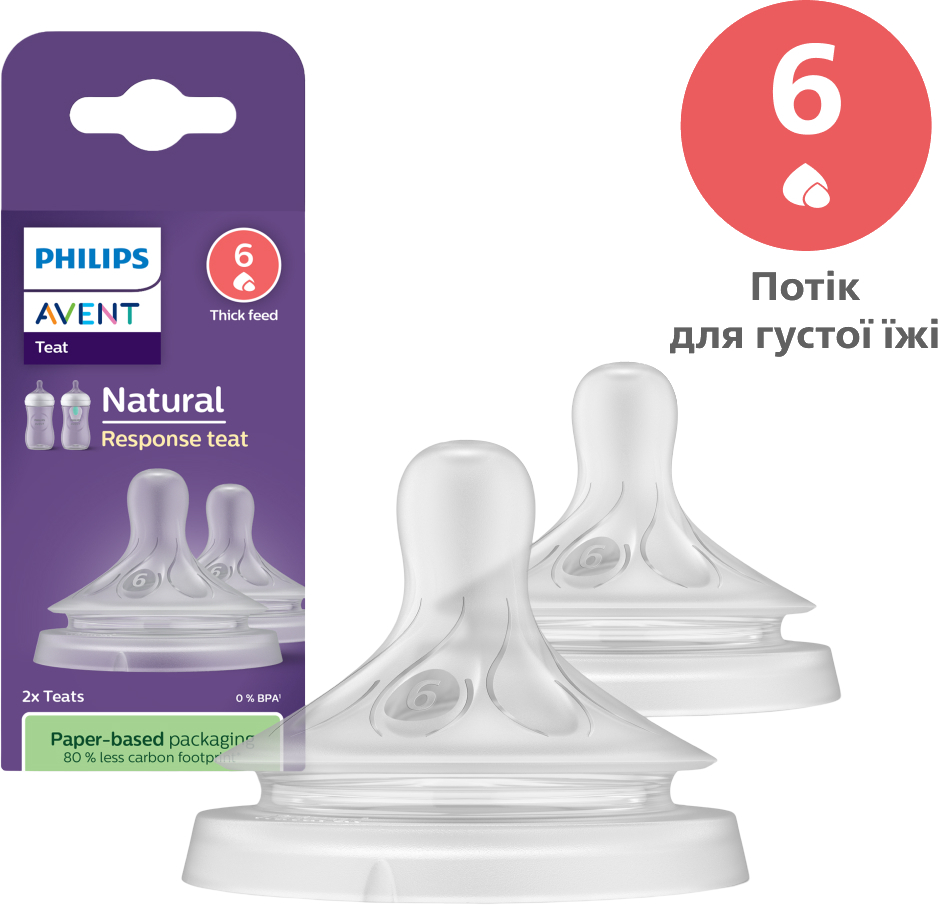 Великий потік соска дитяча силіконова Philips AVENT Natural Природний потік для густої їжі,  6 міс+, 2 шт. (SCY966/02) - Фото 1