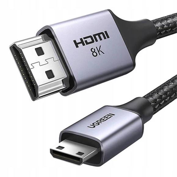Кабель HDMI UGREEN HD163 miniHDMI to HDMI, 2 m, v2.1 UltraHD 8K-3D Braided Nylon Black (15515) - Фото 1