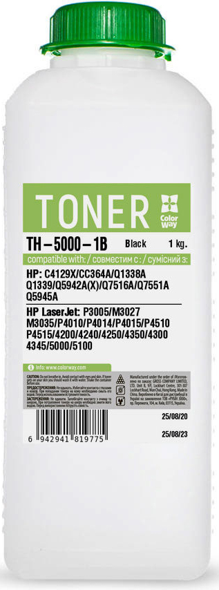 Купити Тонер для заправки картриджа Colorway HP LJ 5000/5100 1 кг bottle (TH-5000-1B) - Фото 1 Тонер для заправки картриджа Colorway HP LJ 5000/5100 1 кг bottle (TH-5000-1B) - Фото 1