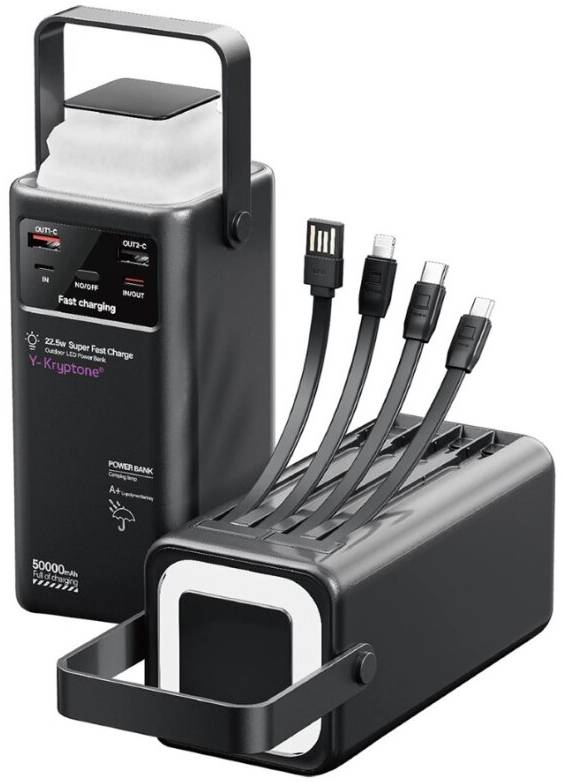 Батарея мобільна Y-Kryptone GT-56 LED LAMP 50000 mAh QC3.0 22.5W Super Fast Charge Black (YK-GT56-B) - Фото 1