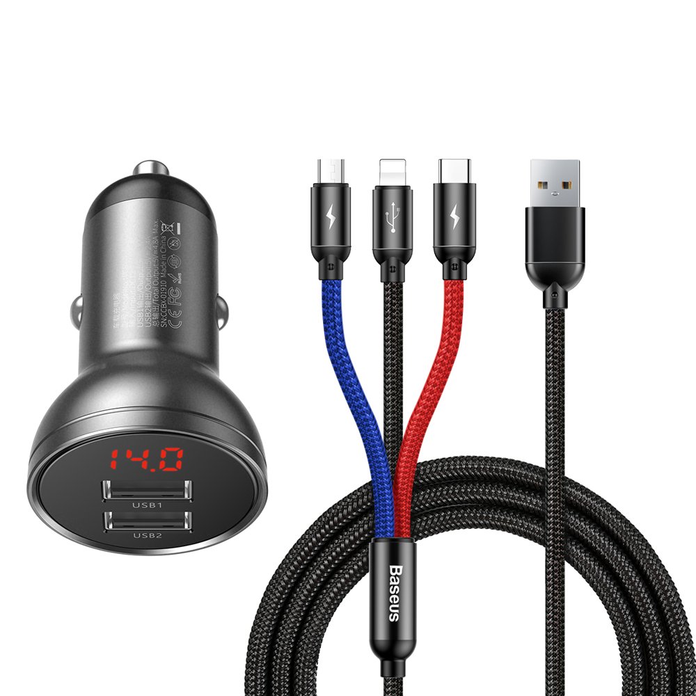 Автомобильное зарядное устройство Baseus Digital Display Dual USB 4.8A Car Charger 24W with Three Primary Colors 3-in-1 (TZCCBX-0G) - Фото 1