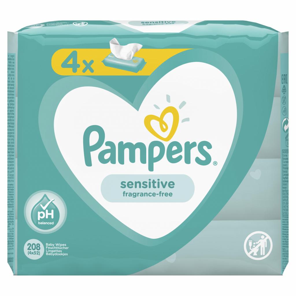 Вологі серветки для немовлят Pampers Sensitive, 4x52 шт. (81687199) - Фото 1