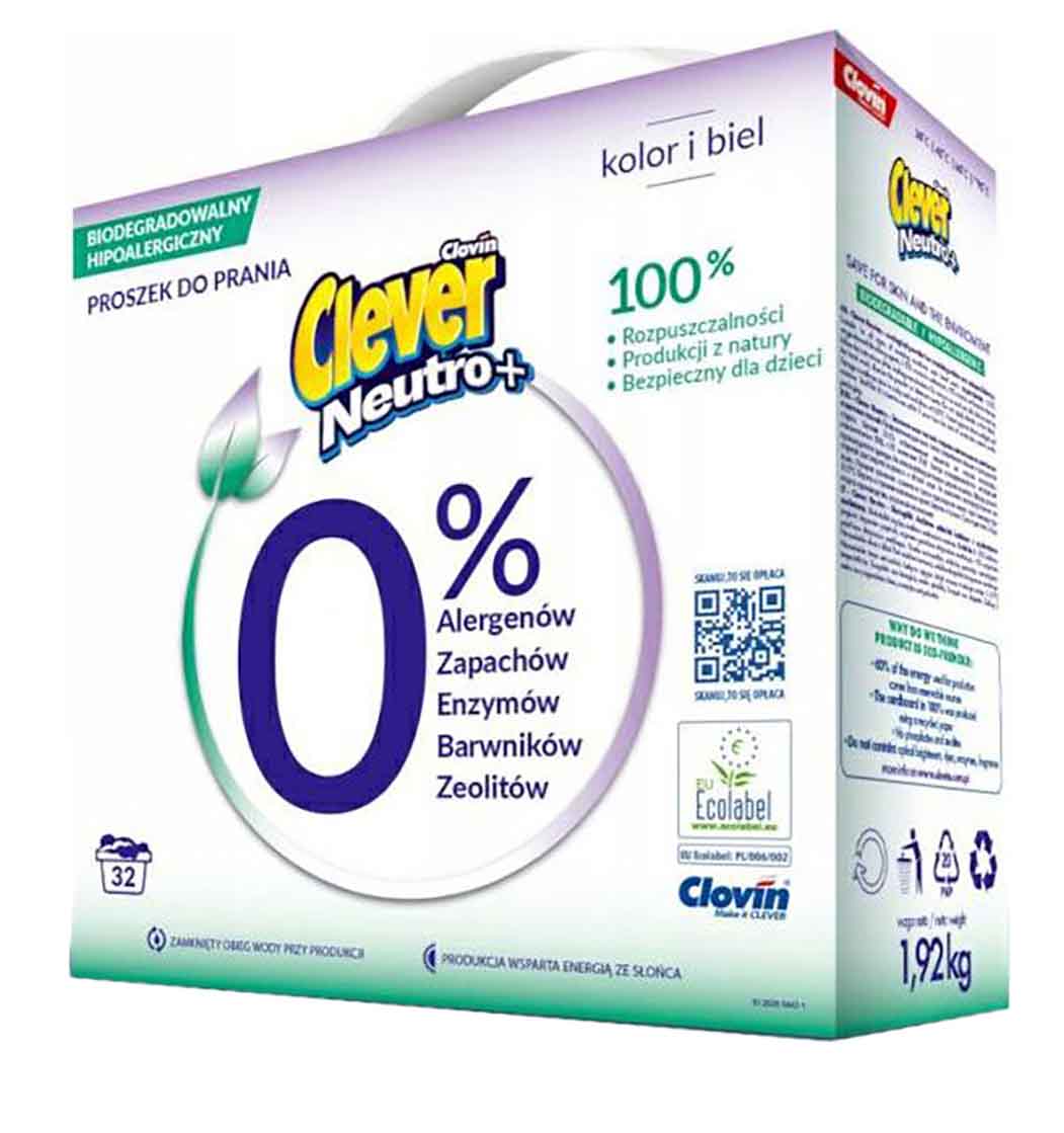 Стиральный порошок Clever NEUTRO + COLOR & WHITE к/к 1,92 кг (5900308779835) - Фото 1