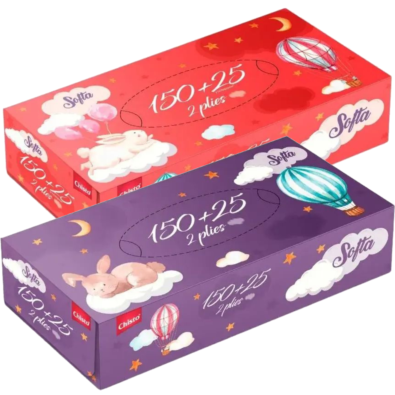 Купить Салфетки бумажные Chisto Softa косметические 2 слоя 150+25 шт. Bunny (4823098412441) - Фото 1 Салфетки бумажные Chisto Softa косметические 2 слоя 150+25 шт. Bunny (4823098412441) - Фото 1