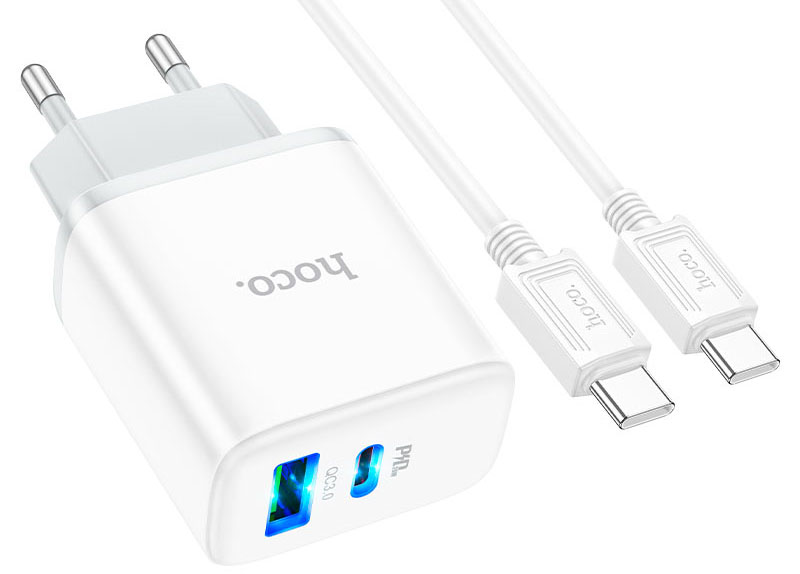 Сетевое зарядное устройство HOCO C105A PD20W+QC3.0 charger set Type-C (EU) White (6931474782922) - Фото 1