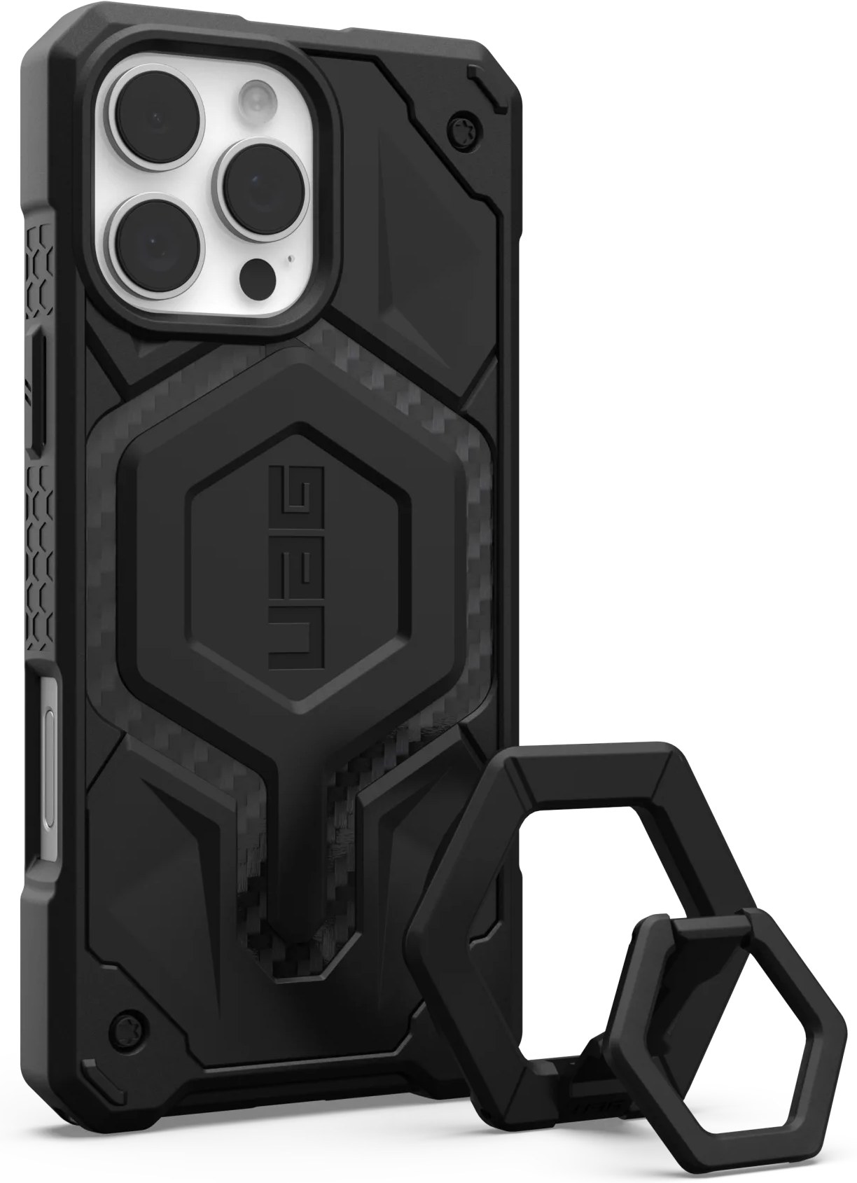 Чехол для смартфона UAG iPhone 16 Pro Max, Monarch Pro Magsafe, Carbon Fiber/Black Stand + магнитное кольцо-держатель (1144571BV01) - Фото 1
