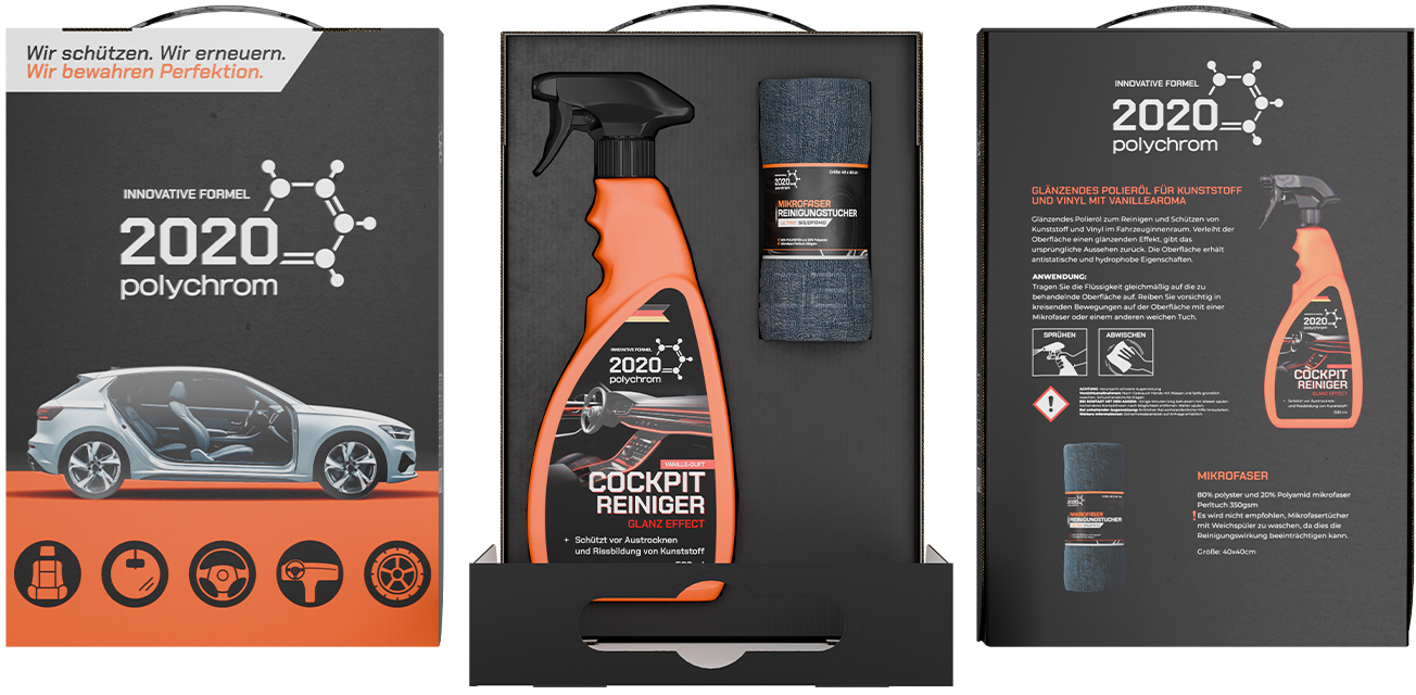 Полироль для авто Polychrom 2020 Carton Box SET Glossy Cockpit care с ароматом ванили 500 мл (микрофибра) ''COCKPIT REINIGER'' (1583) - Фото 1
