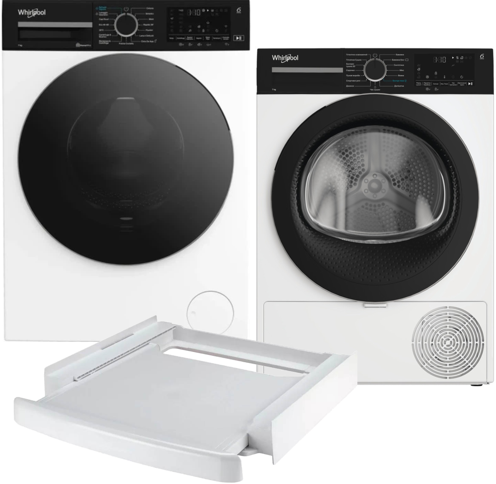 Комплект техніки Whirlpool Пральна машина з фронтальним завантаженням + Сушильна машина + Комплект кріплень для встановлення в колону Whirlpool WAM 764WKB UA + WPS 7 WBS UA + SKS101 White - Фото 1