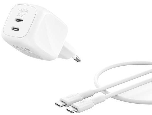 Бездротовий зарядний пристрій Belkin 50Вт 2хUSB-С GAN PD PPS кабель USB-С > USB-C 1м 
White (WCH019KQ1MWH-B6) - Фото 1