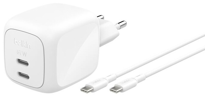Бездротовий зарядний пристрій Belkin 67Вт 2хUSB-С GAN PD PPS кабель USB-С > USB-C 2м 
White (WCH020KQ2MWH-B6) - Фото 1