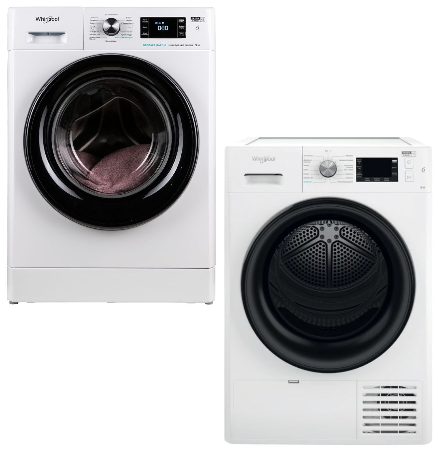Комплект техніки Whirlpool Пральна машина з фронтальним завантаженням + Сушильна машина Whirlpool FFB 9448 BV UA + FFT M22 9X2B UA - Фото 1