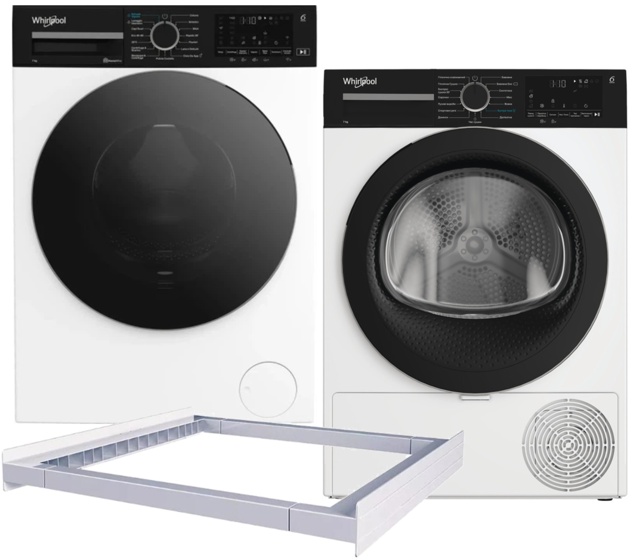 Комплект техники Whirlpool Стиральная машина с фронтальной загрузкой + Сушильная машина + Комплект креплений для установки в колонну Whirlpool WAM 764WKB UA + WPS 7 WBS UA + Iniversal Basic Stacking Kit FG (KCL103) - Фото 1