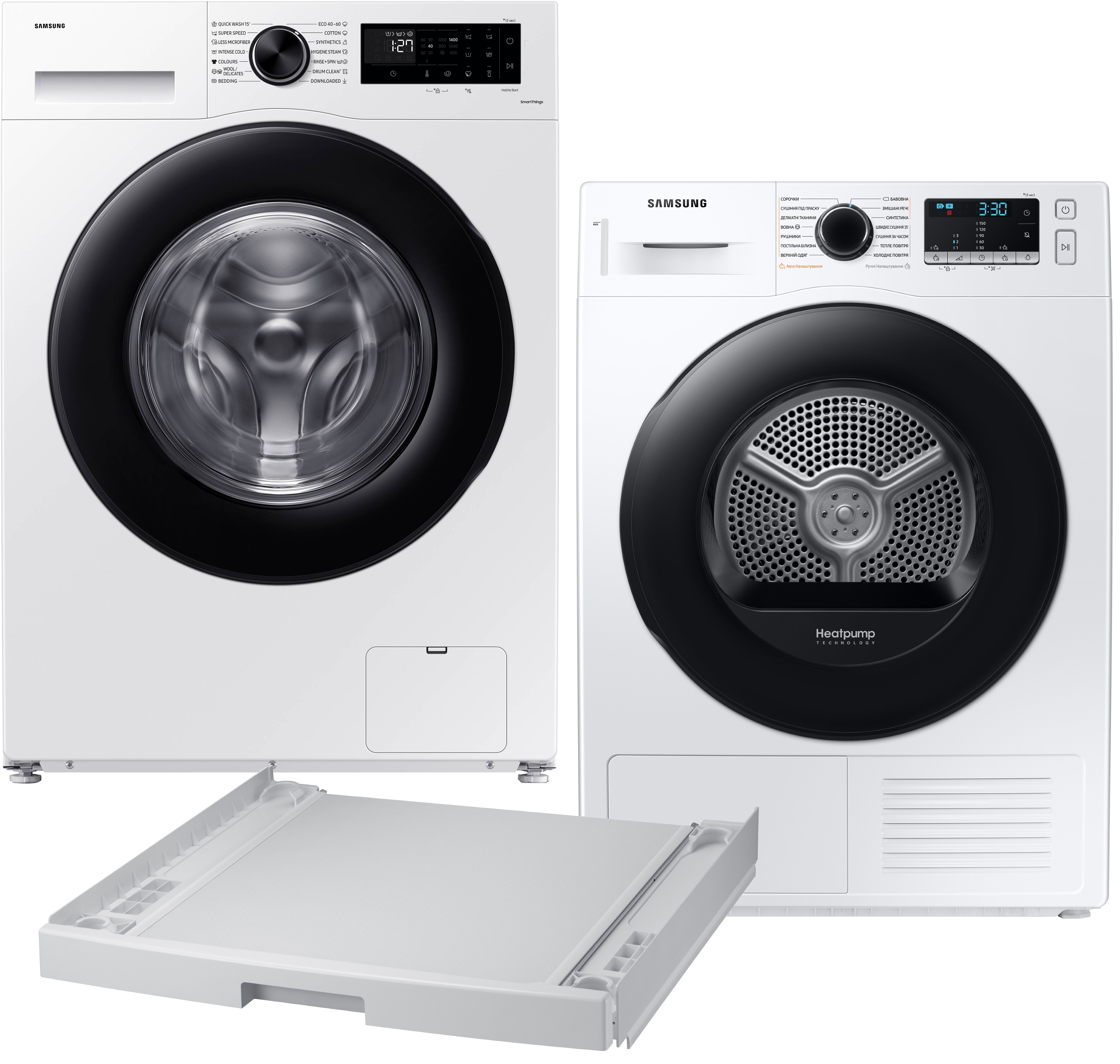 Комплект техники Samsung Стиральная машина с фронтальной загрузкой + Сушильная машина + Комплект креплений для установки в колонну Samsung WW90CGC0EDAELE + DV90TA040AE/UA + SKK-DD - Фото 1