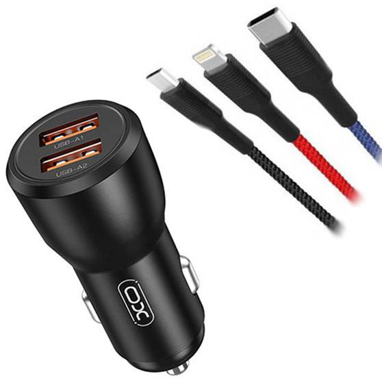 Автомобильное зарядное устройство XO CC55 QC3.0 18W (2USB/2.4A) + USB - Lightning + MicroUSB + Type-C Black (XO-CC55-BK) - Фото 1
