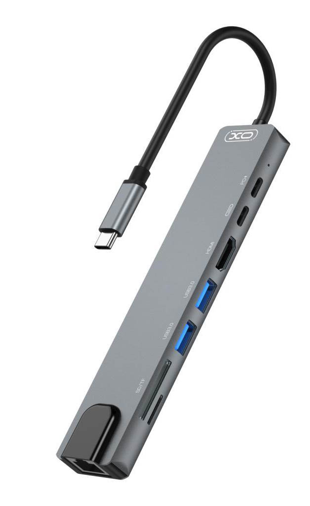 Хаб USB XO USB/Type-C/PD/HDMI 4K/SD/TF/RJ45 8 in 1 Silver (XO-HUB003SL) - Фото 1
