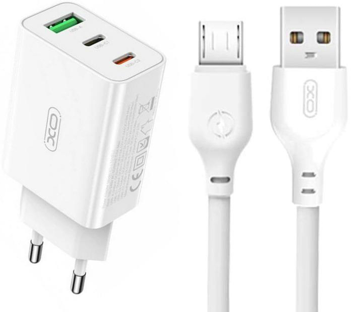 Сетевое зарядное устройство XO L101 PD + QC3.0 (1USB/2Type-C/20W) + USB - MicroUSB White (XO-L101-WH) - Фото 1