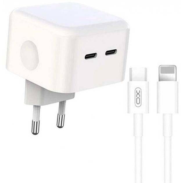 Сетевое зарядное устройство XO QC 3.0 XO L102 35W/2 USB-C + кабель Lightning NB113 White (XO-L102i-WH) - Фото 1