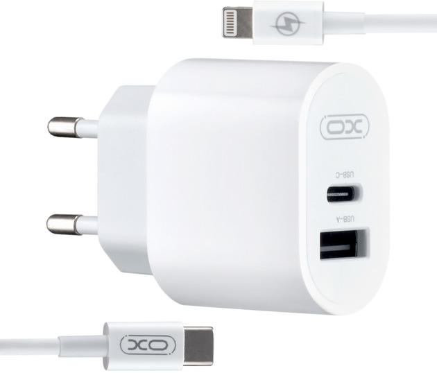 Сетевое зарядное устройство XO L97 (1Type-C/1USB/2.4A) + Type-C - Lightning White (XO-L97-LG) - Фото 1