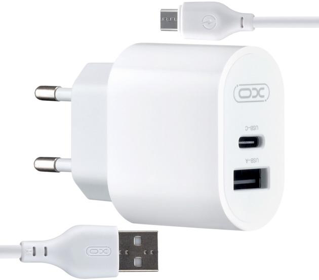 Сетевое зарядное устройство XO L97 (1Type-C/1USB/2.4A) + USB - MicroUSB White (XO-L97-MC) - Фото 1